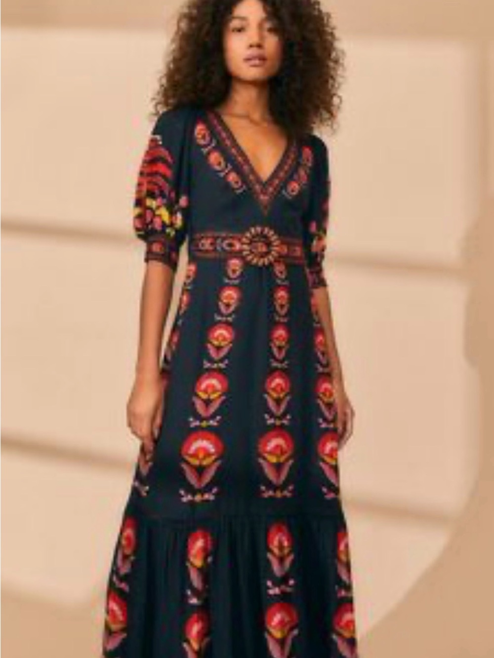 FARM Rio  Black Palms Party Short Sleeve Maxi Dress